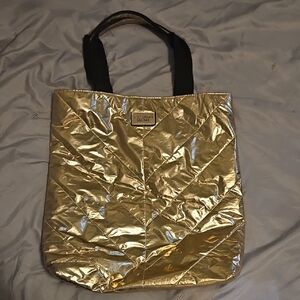 Victoria's Secret Shimmering Gold Tote with Black Straps